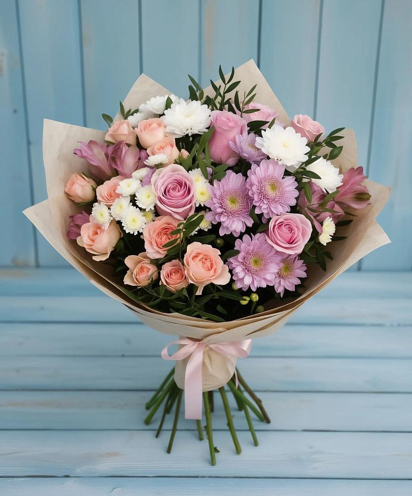 Букет цветов из: Хризантемы, Розы и Альстромерии в Ханино