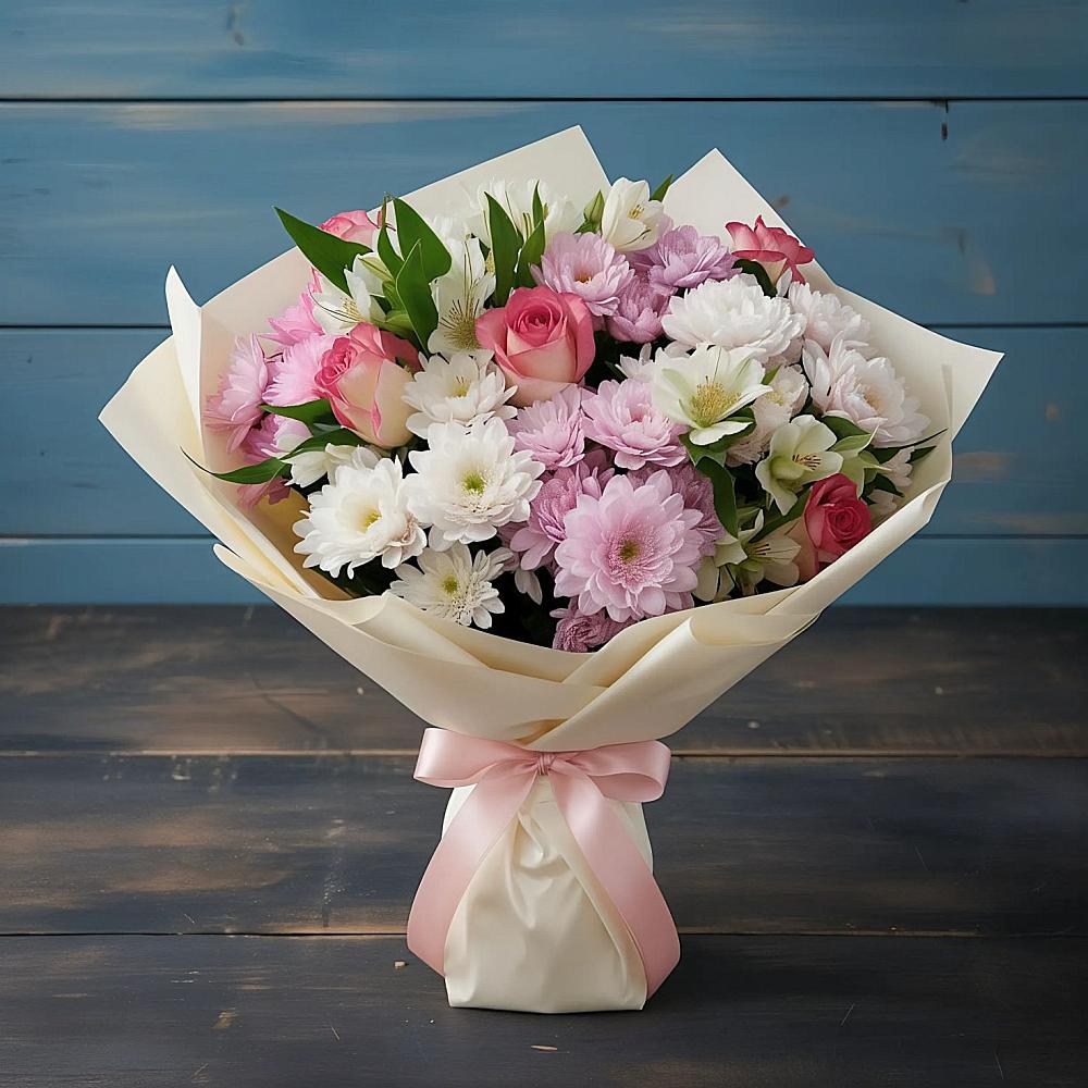 Букет цветов из: Хризантемы, Альстромерии и Розы в Ханино